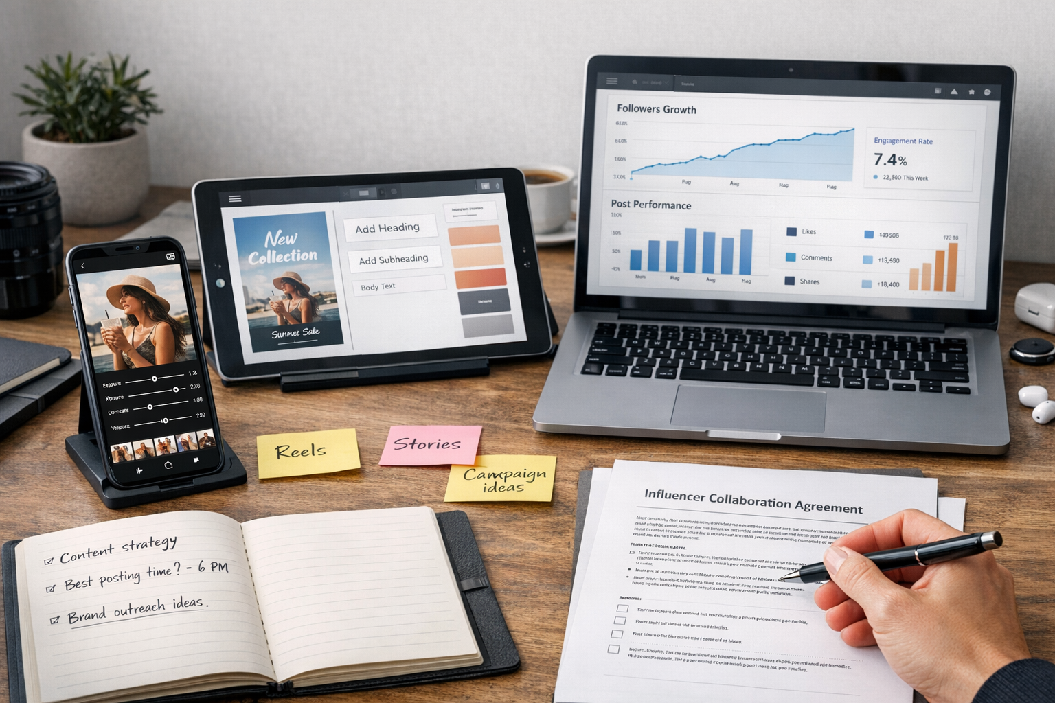 Photorealistic content creator workspace showing photo editing apps, social media analytics dashboard, and influencer contract document for Instagram growth in 2026