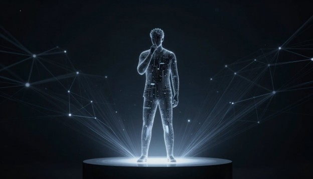 Digital figure surrounded by connections.